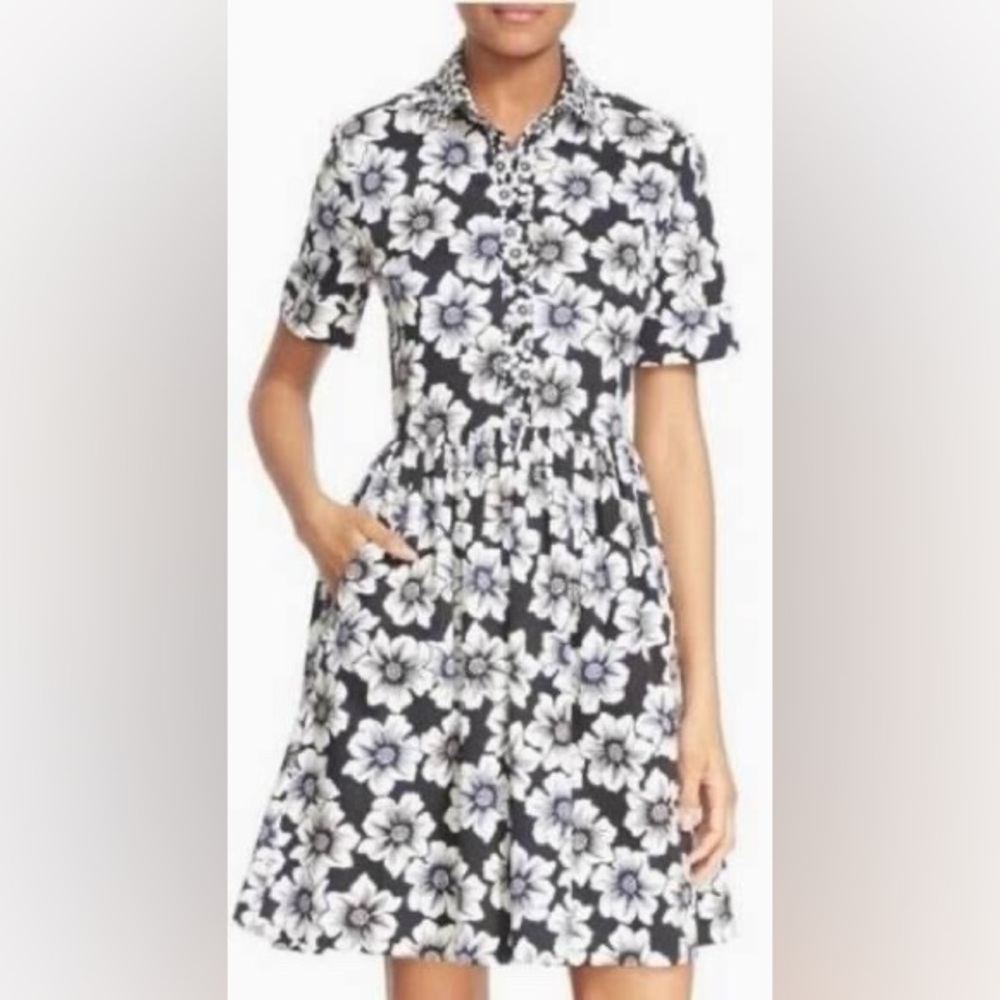 NWT Kate Spade Black White Navy Floral Hollyhock Fit & Flare
Shirt Dress sz 10
